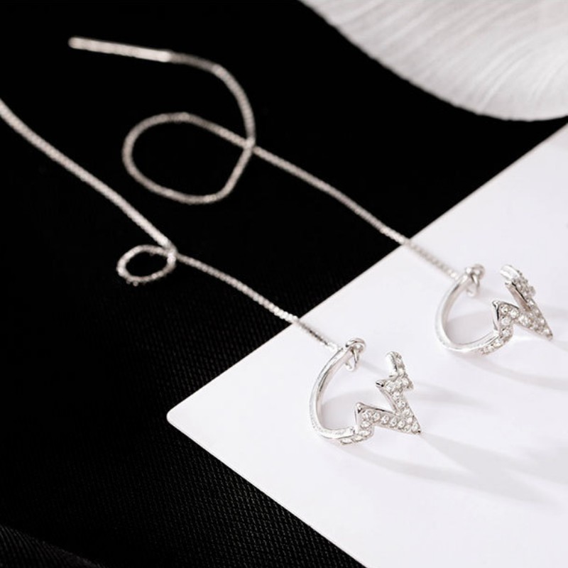 Bông Tai Bạc S925 Ear Cuff Kẹp Vành Nhịp Tim Sợi Thả Trẻ Trung Cá Tính | Khuyên Tai Nữ Trang Sức Bạc Thời Trang