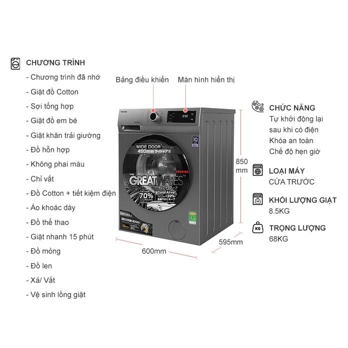 TW-BK95S3V - Máy giặt Toshiba Inverter 8.5kg TW-BK95S3V - BẢO HÀNH CHÍNH HÃNG 2 NĂM HỖ TRỢ TẬN NHÀ
