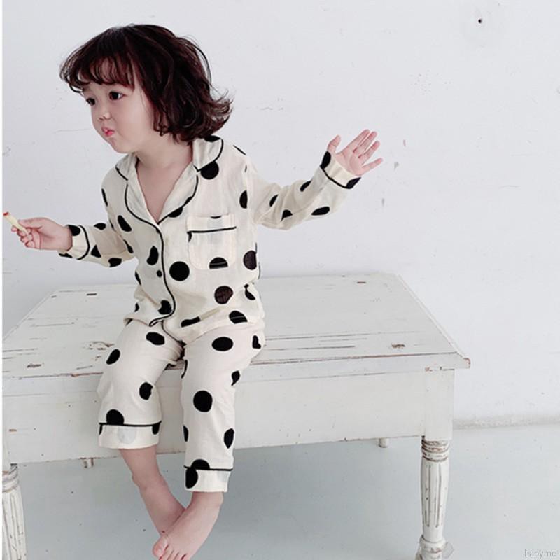 Baby Girls Boys Polka Dot Print Sleepwear Set Long Sleeve Button Blouse Tops+Pants Pajamas