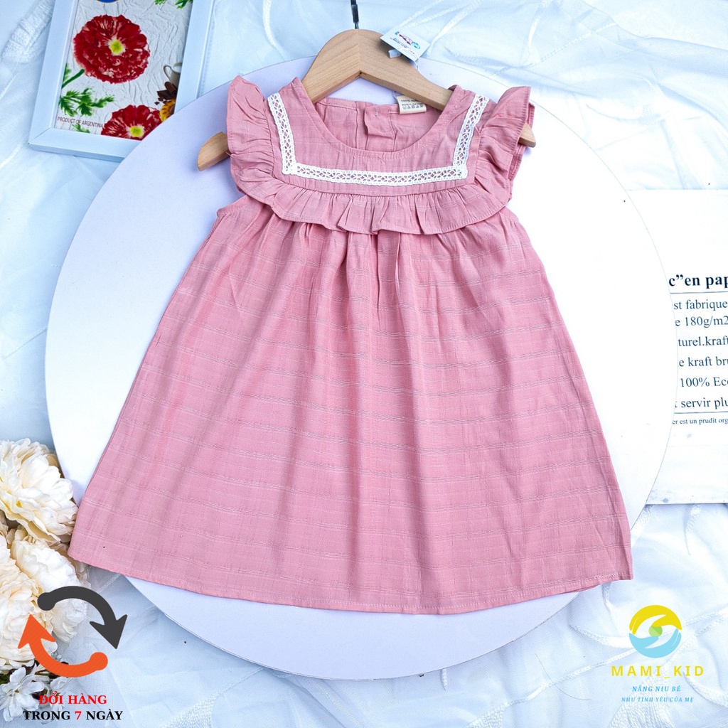 váy xinh cho bé gái 1-7 tuổi chất đũi Hàn phối ren siêu xinh, tay cánh tiên 12-25kg ,Mamikid