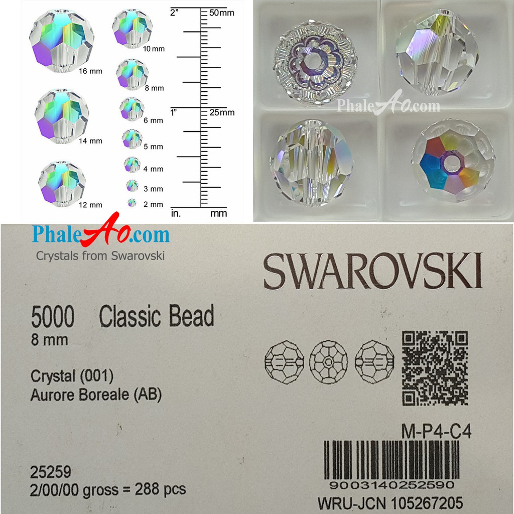 SWAROVSKI Pha lê Áo hạt tròn 4,6,8,10ly - 5000 classic bead 001AB Crystal Aurore Boreale, tặng dây xỏ - PhaleAo