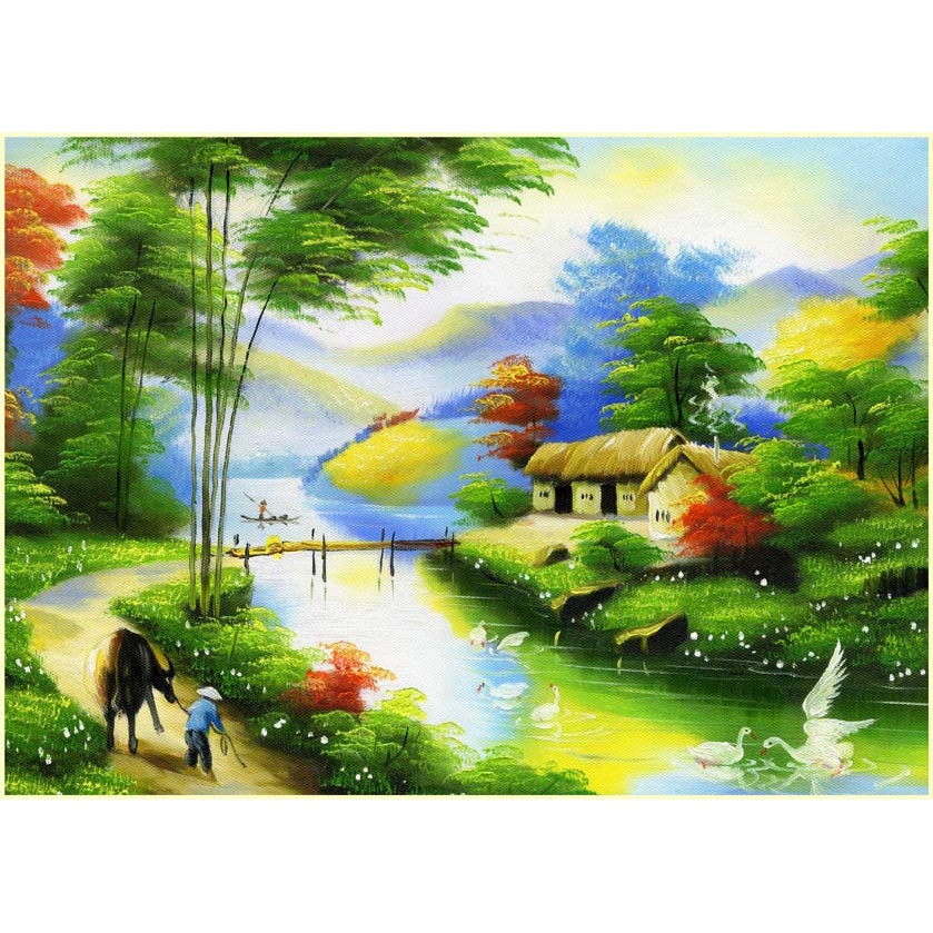 Tranh Dán Tường 3D Đồng Quê Cầu Tre Xuối Nước Xanh Biếc kích thước không giới hạn