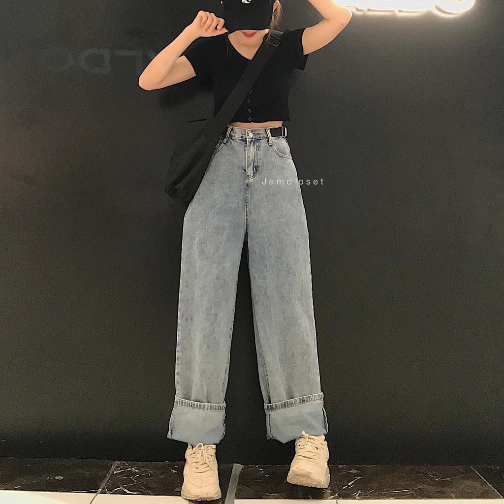 Quần Jeans Nữ Ống Rộng Kèm Thắt Lưng Eo Quần Bò Form Unisex Màu Xanh Thoải Mái Dễ Phối Đồ  - 2264 JEM CLOSET