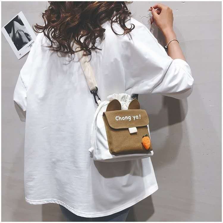 Túi Đeo Vai Vải Canvas Phối Màu Tương Phản In Họa Tiết Hoạt Hình Dễ Thương
