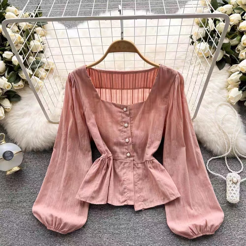 Áo kiểu BH tay dài phồng cổ vuông phong cách retro Hàn Quốc cho nữ