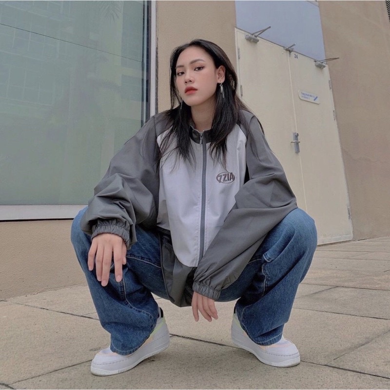 Áo khoác dù mẫu 7ZIA đen phối trắng - form rộng unisex nam nữ