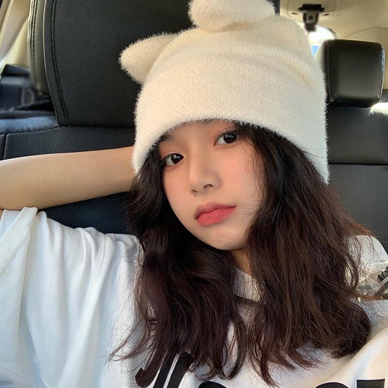 Nón len beanie trơn màu đính tai thỏ xinh xắn dành cho nữ