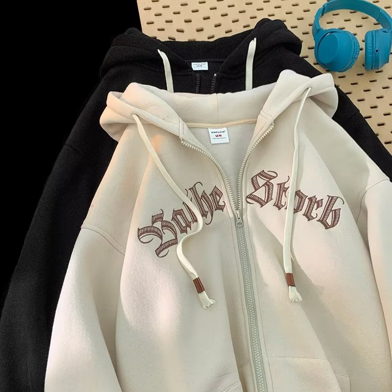 Plus Áo Khoác Hoodie Có Khóa Kéo Dáng Rộng In Chữ Phong Cách Hàn Quốc Thời Trang Mùa Thu Cho Nam
