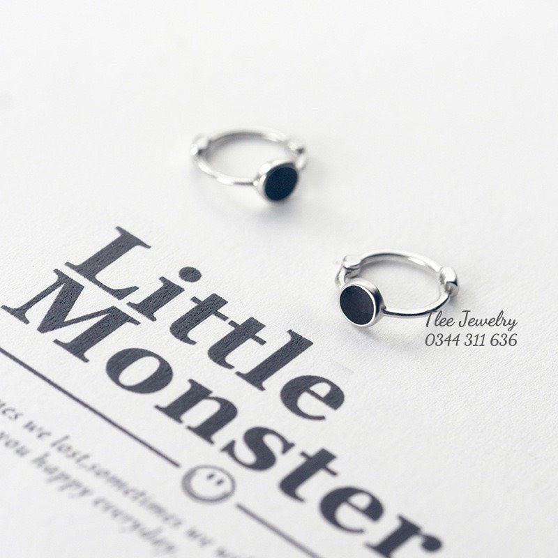 Khuyên tai bạc TLEE tròn mặt đá đen hình khối tròn mini  đường kính 0,8cm TleeJewelry B0289