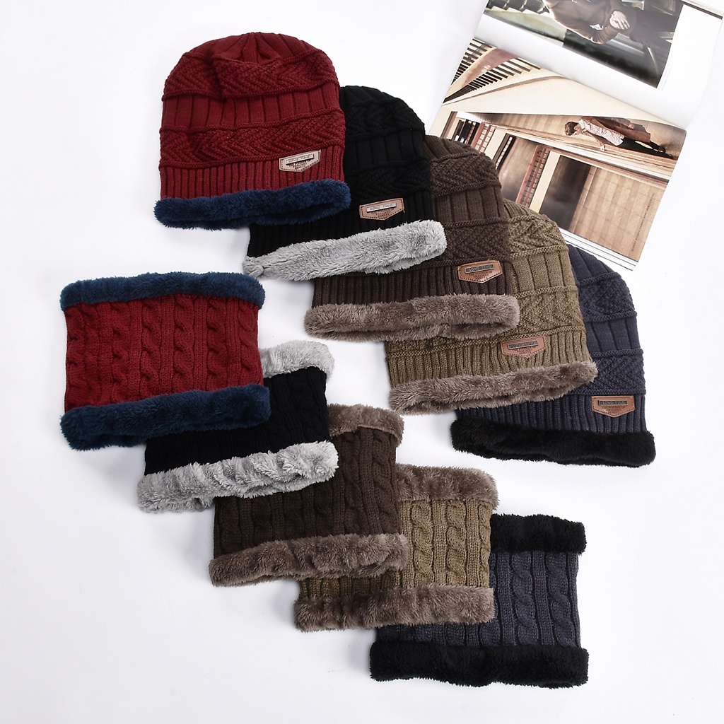 Mũ Beanie Kiêm Khăn Choàng Cổ Dệt Kim Giữ Ấm Mùa Đông Cho Nam Nữ