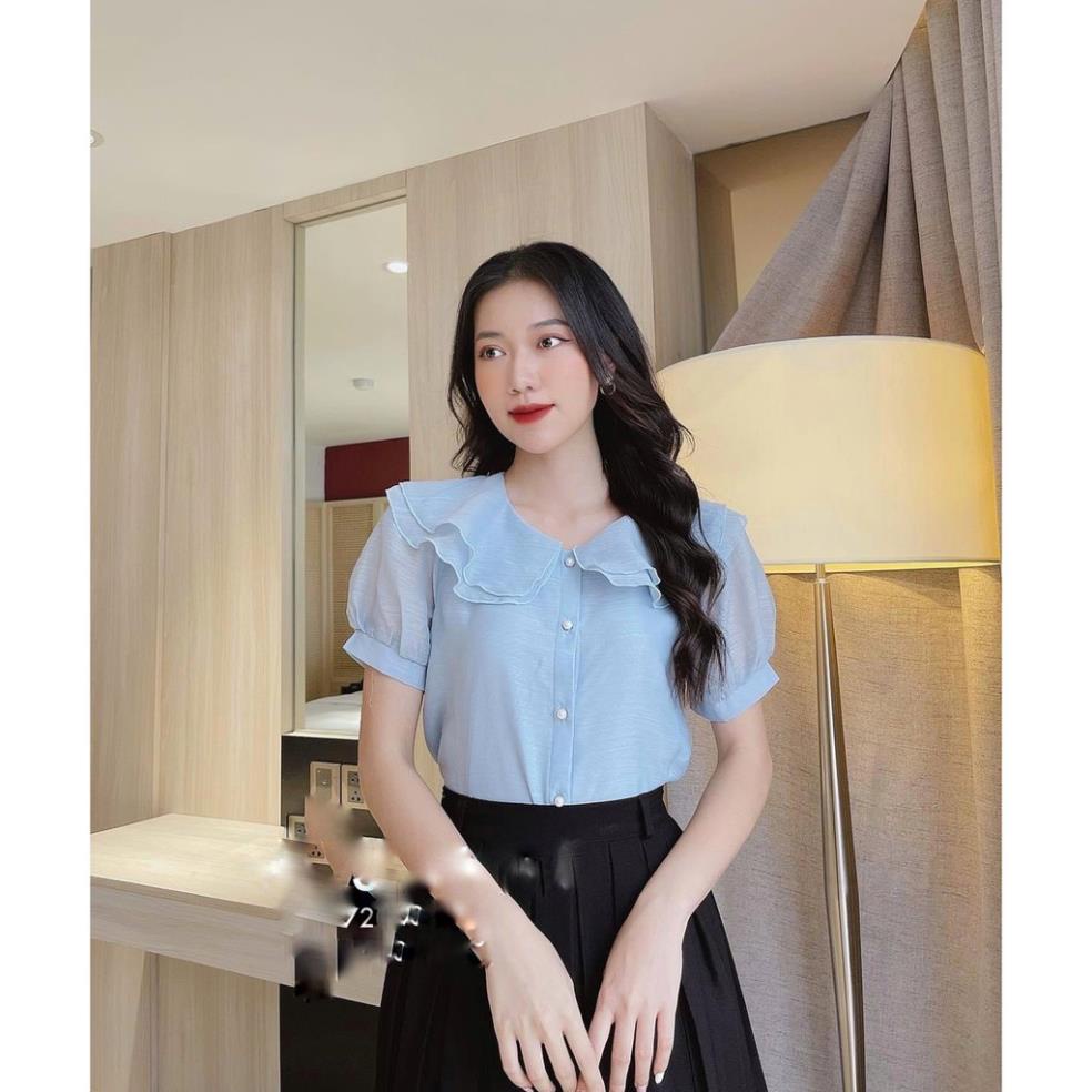 Áo sơ mi cổ sen 2 lá nằm dáng cộc tay cúc ngọc chất tơ xước - áo sơ mi công sở nữ !