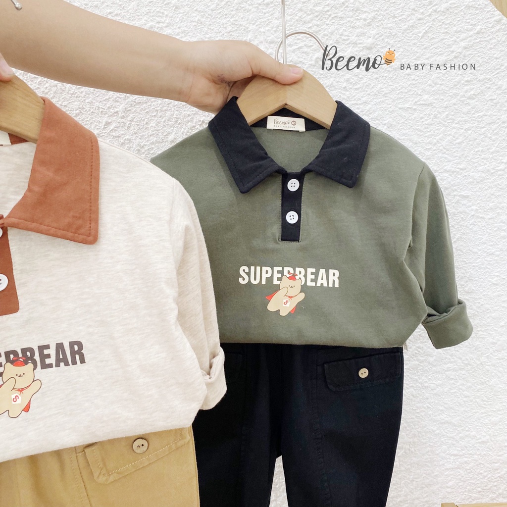 Bộ quần áo bé trai thời trang Hàn Quốc Beemo Áo dài tay polo hình gấu quần kaki đen be cho bé trẻ em - STB