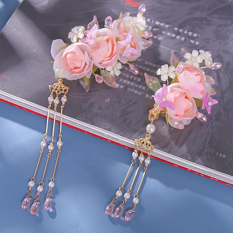 Trâm Cài Tóc Tua Rua Bằng Lụa Phối Hoa Hồng Phong Cách Hanfu Cổ Điển