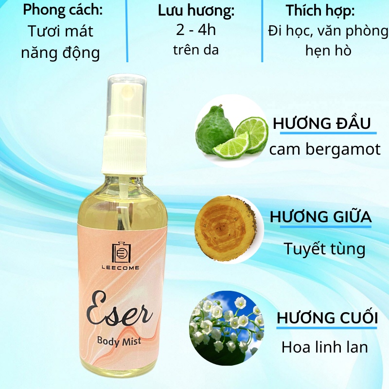 Body mist xịt thơm body LEECOME hương nước hoa siêu thơm lưu hương lâu, dưỡng ẩm cho da