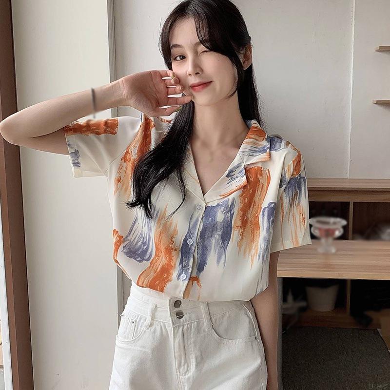 Áo sơ mi vải voan tay ngắn in họa tiết xinh xắn phong cách Hàn Quốc