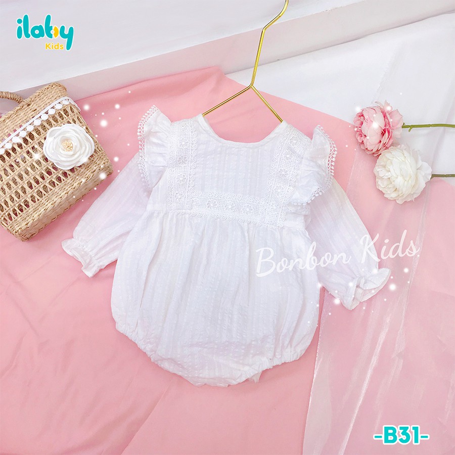 Bodysuit cho bé sơ sinh ILABY thô thêu phối ren vuông từ 3 - 18 tháng tuổi [B31]