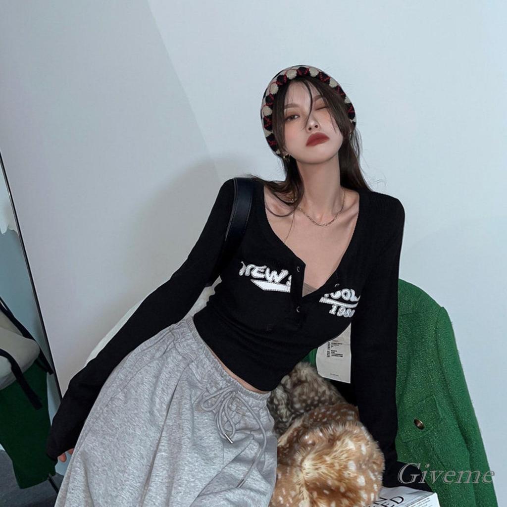 Áo Crop Top Dệt Kim Dài Tay In Chữ Y2k Thời Trang