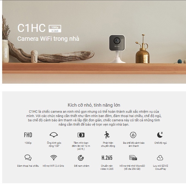 Camera WI-FI EZVIZ C1HC 1080p, Trong Nhà, Đàm Thoại 2 Chiều, Phát Hiện Chuyển Đồng, Nén Video H.265 - Hàng Chính Hãng