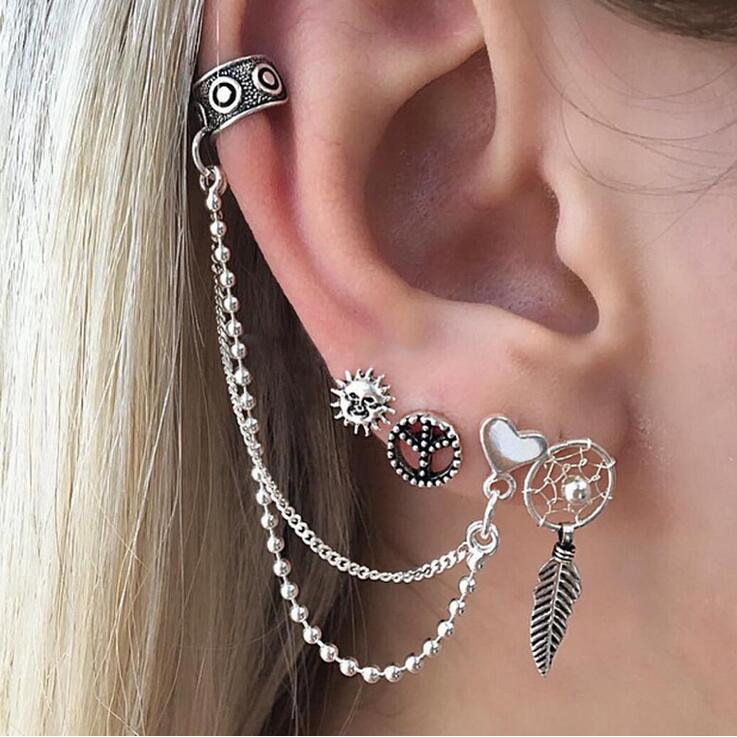 Set 4 khuyên tai hình mặt trời trái tim phối dây móc xích đa kiểu thời trang cho nữ