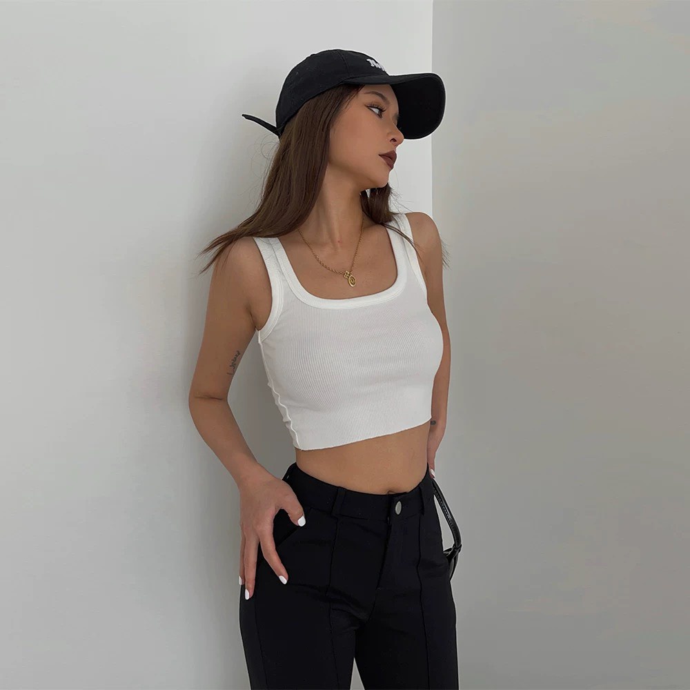Áo crop nữ kiểu cổ U hay dây bản to chất thun gân - áo crop thun gân.