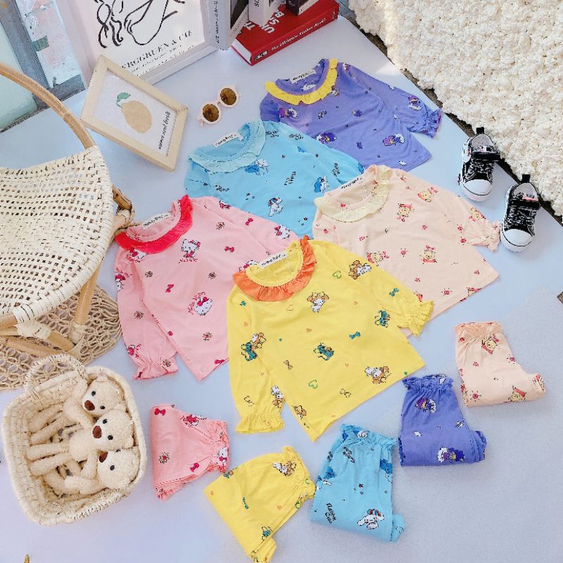 Bộ Dài Tay Cho Bé Gái Minky Mom Phối Tay Bèo Dễ Thương Vải Thun Lạnh Mềm Mịn, Bộ Thu Đông Cho Bé - DTB