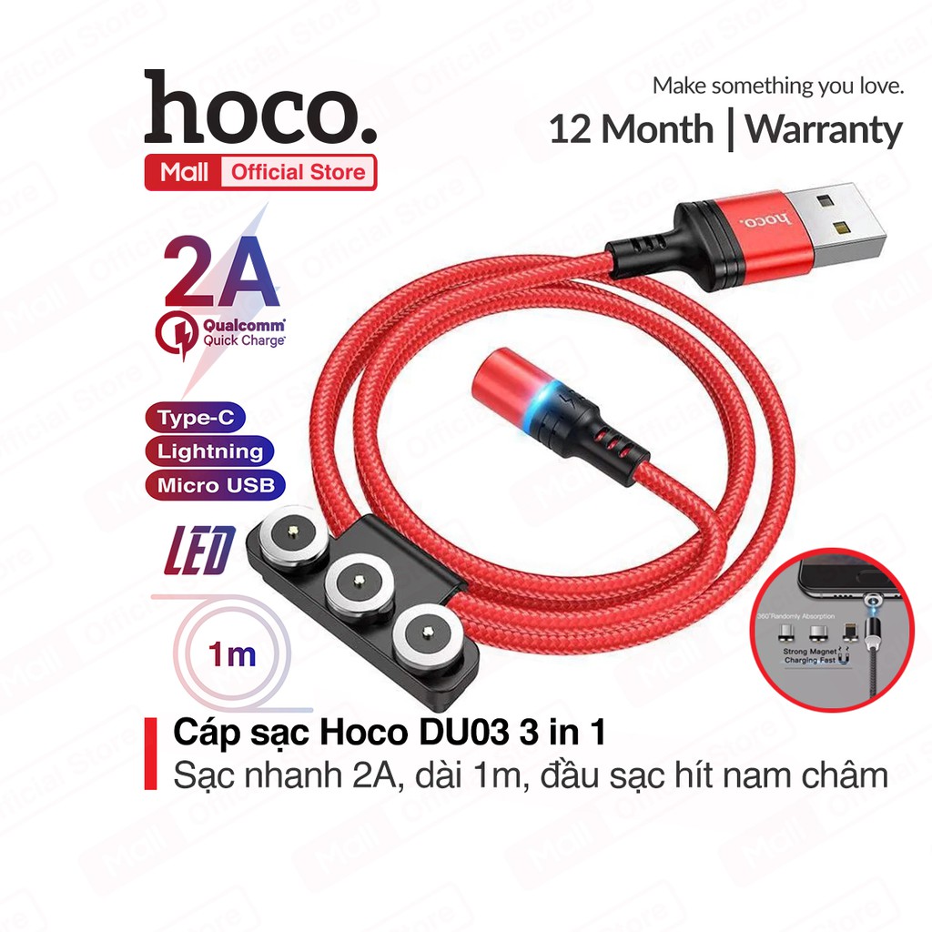 Cáp sạc Hoco DU03 3 in 1 ( Lightning/Micro/Type-c ), sạc nhanh 2A, dài 1m, đầu sạc từ tính dễ dàng sử dụng