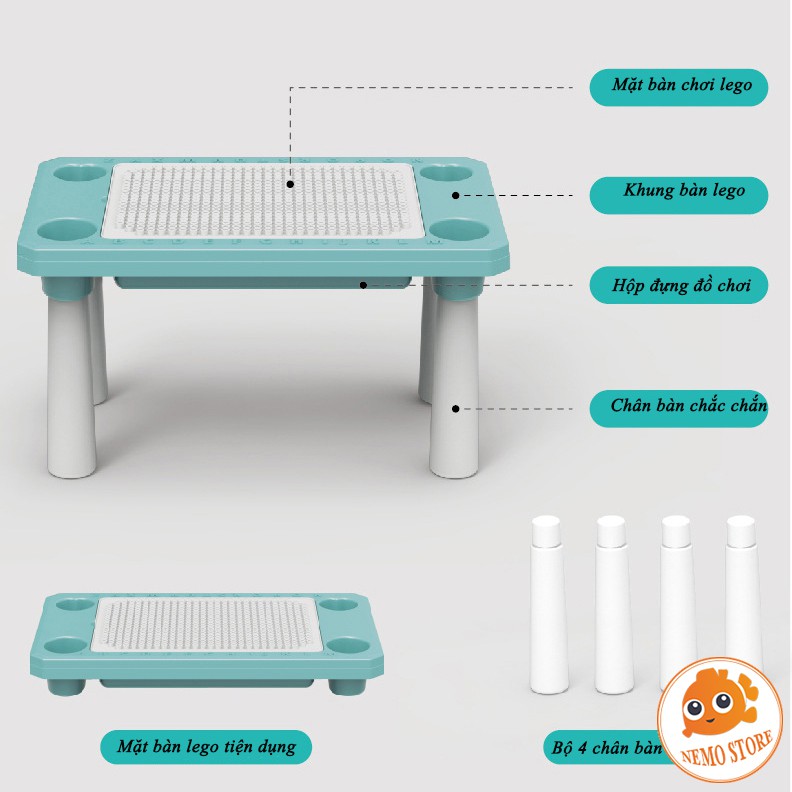Bàn lego cho bé đa năng hình chữ nhật - Bộ bàn ghế cho bé thoả sức lắp ghép sắp xếp vừa học vừa chơi