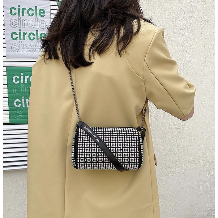 Túi đeo chéo dây xích, túi xách tay nữ mini dạng hộp vuông đính đá một ngăn kéo khóa