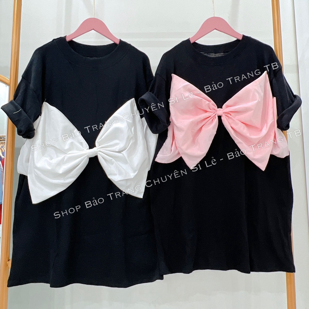 Áo Thun Nơ To Trước Ngực Cực Đẹp 2 Màu Chất Bo Tăm Form Rộng Dáng Dấu Quần