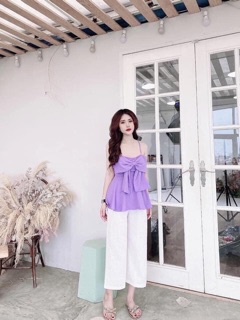 Set áo 2s nơ mix quần suông trắng