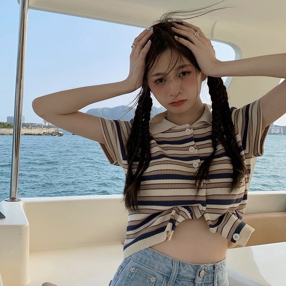 Áo cardigan ZHELIHANGFEI dệt kim ngắn tay cổ bẻ họa tiết kẻ sọc thời trang