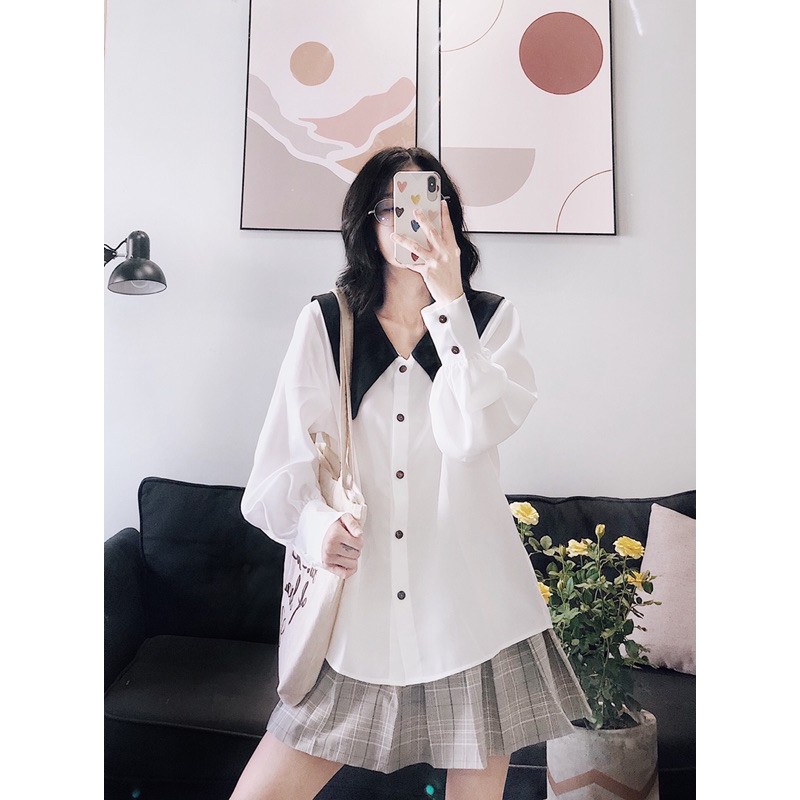 [Mã SKAMLTSM9 giảm 10% đơn 99K] áo trắng tay bồng cổ V phối đen(Có 2 màu trăng và đen | BigBuy360 - bigbuy360.vn