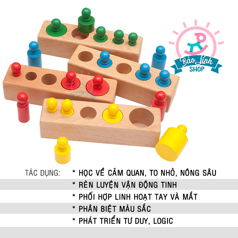 Giáo cụ Montessori 0-3 - Bộ núm trụ mầu - Bản gia đình giúp bé học về màu sắc, phân biệt to nhỏ, cao thấp