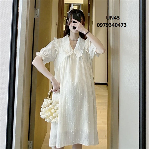 Đầm bầu cổ bèo sơ mi  chất voan 2 màu hồng và kem-UN43