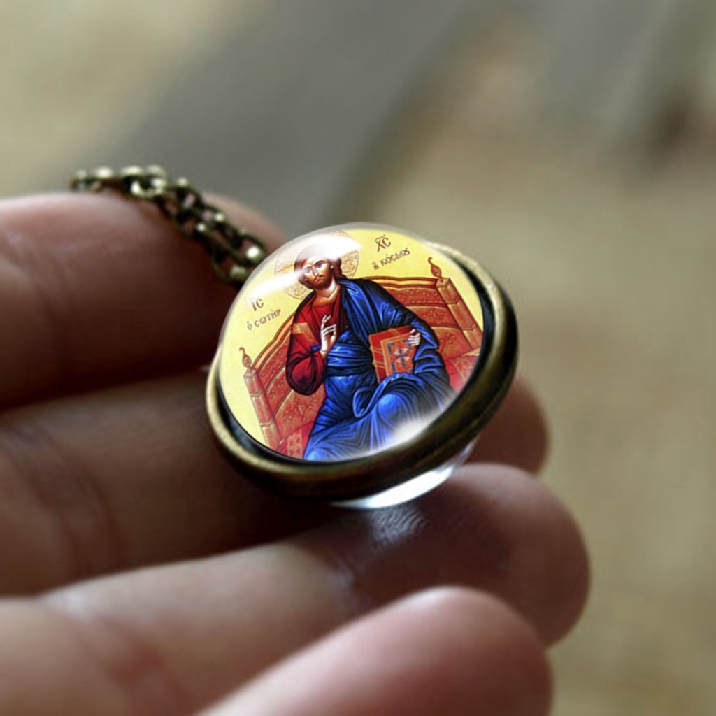 Vòng cổ Mặt Kính Cabochon Hai Mặt Hình Đức Mẹ Jesus Christ