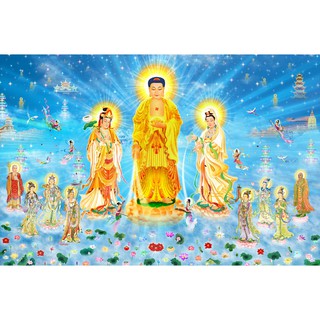 Tranh dán tường 3D vải lụa kim tuyến Tranh phật - Tây Phương cực lạc