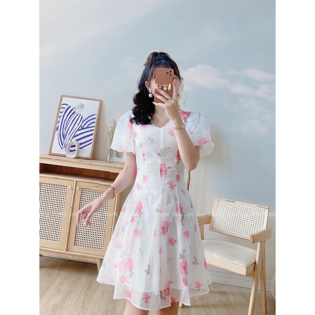 Váy tơ hoa cổ V tay bồng phong cách Hàn quốc dáng chữ A thiết kế tiểu thư nhẹ nhàng Pansy Blue trắng YAME