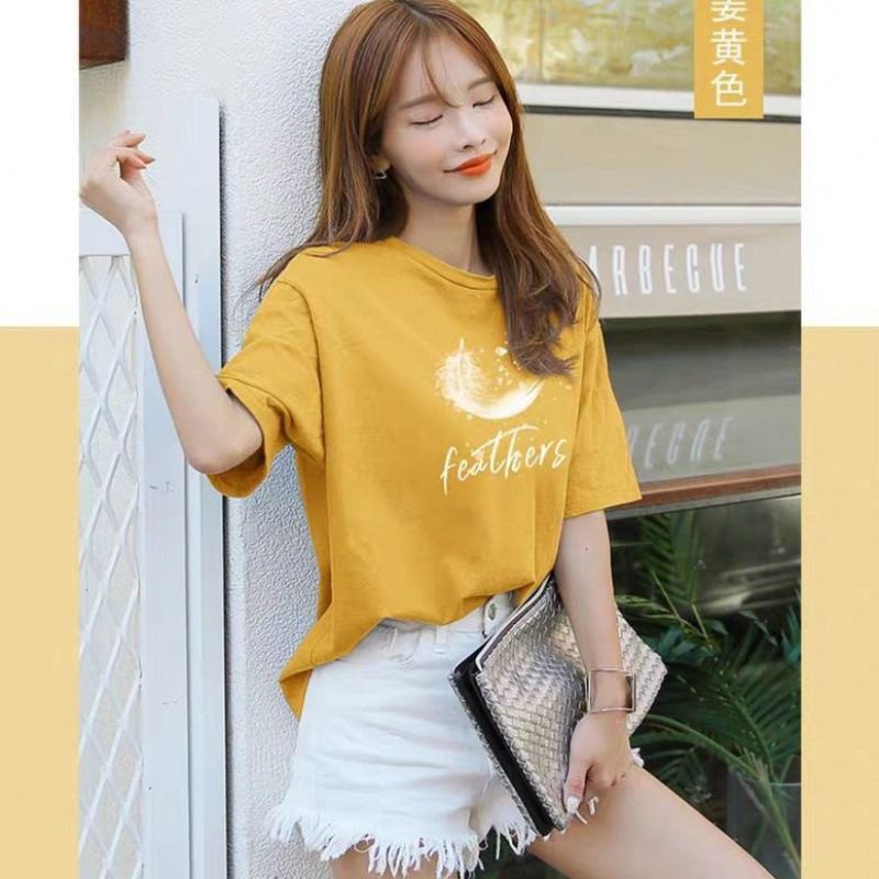 Áo thun nữ tay ngắn in hình lông vũ chất vài cotton co dãn freesize dưới 60kg | BigBuy360 - bigbuy360.vn