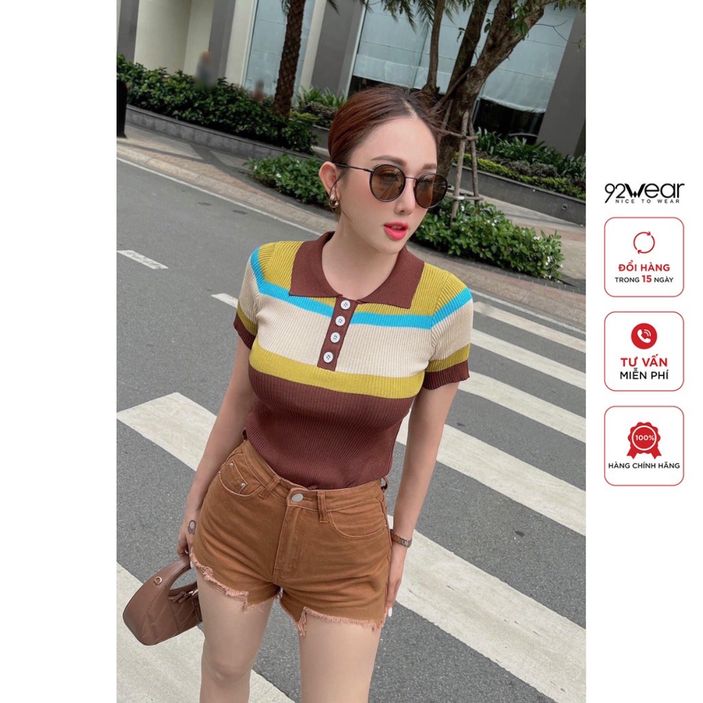 Áo len croptop kẻ 92WEAR thiết kế nữ tính, gợi cảm, phối màu nổi bật, sành điệu WA011