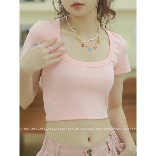 Áo Thun Cổ U Form Croptop Kiểu Ôm Chất Liệu Borip Cotton Dày Minipie