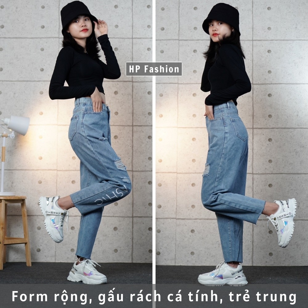 Quần baggy nữ ❤️ Quần jean cạp lưng cao in chữ ASHIC phối rách cá tính, chất bò dày dặn - QJ10 | BigBuy360 - bigbuy360.vn