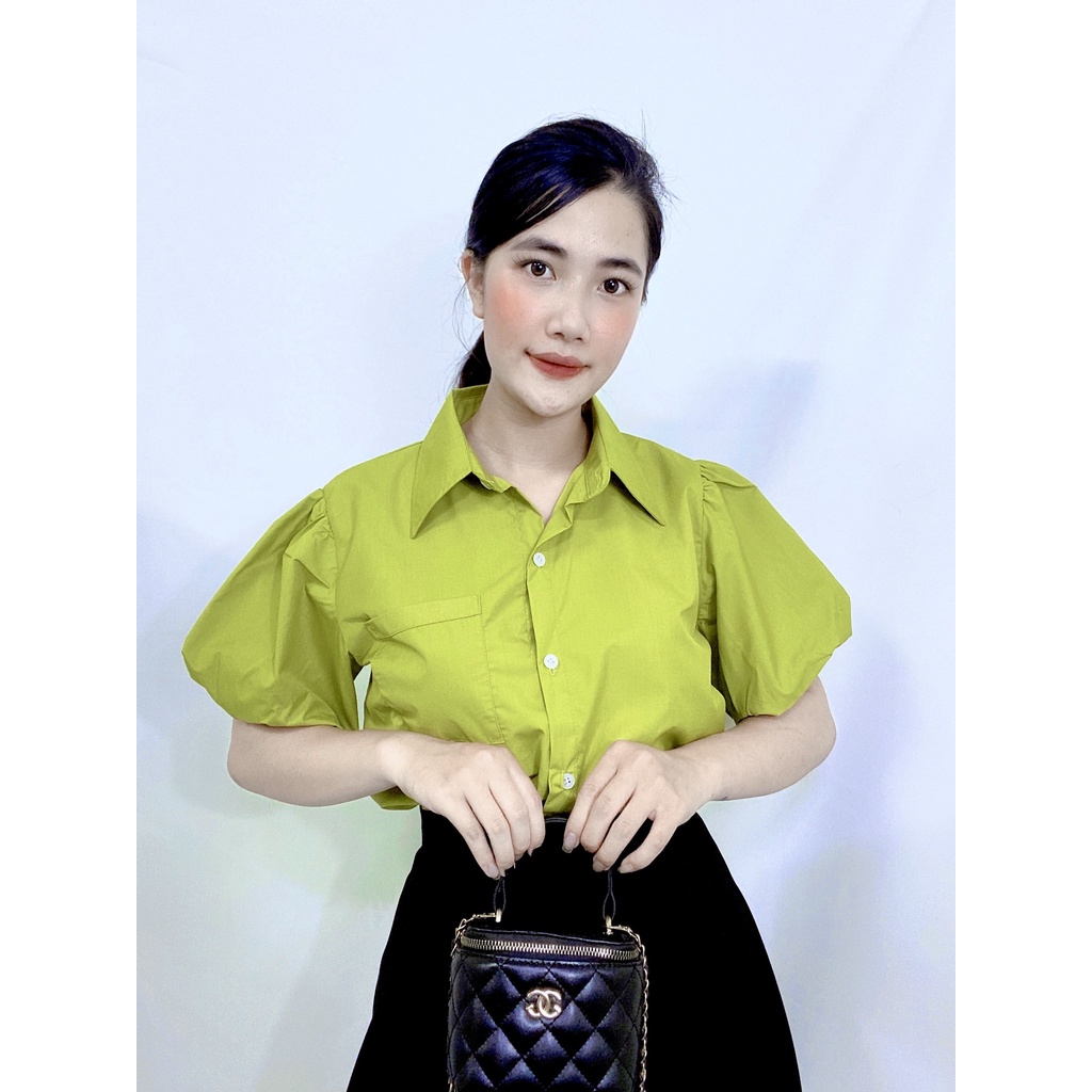 Áo sơ mi nữ tay bồng hàng thiết kế thời trang Banamo Fashion áo sơ mi cộc tay 3920