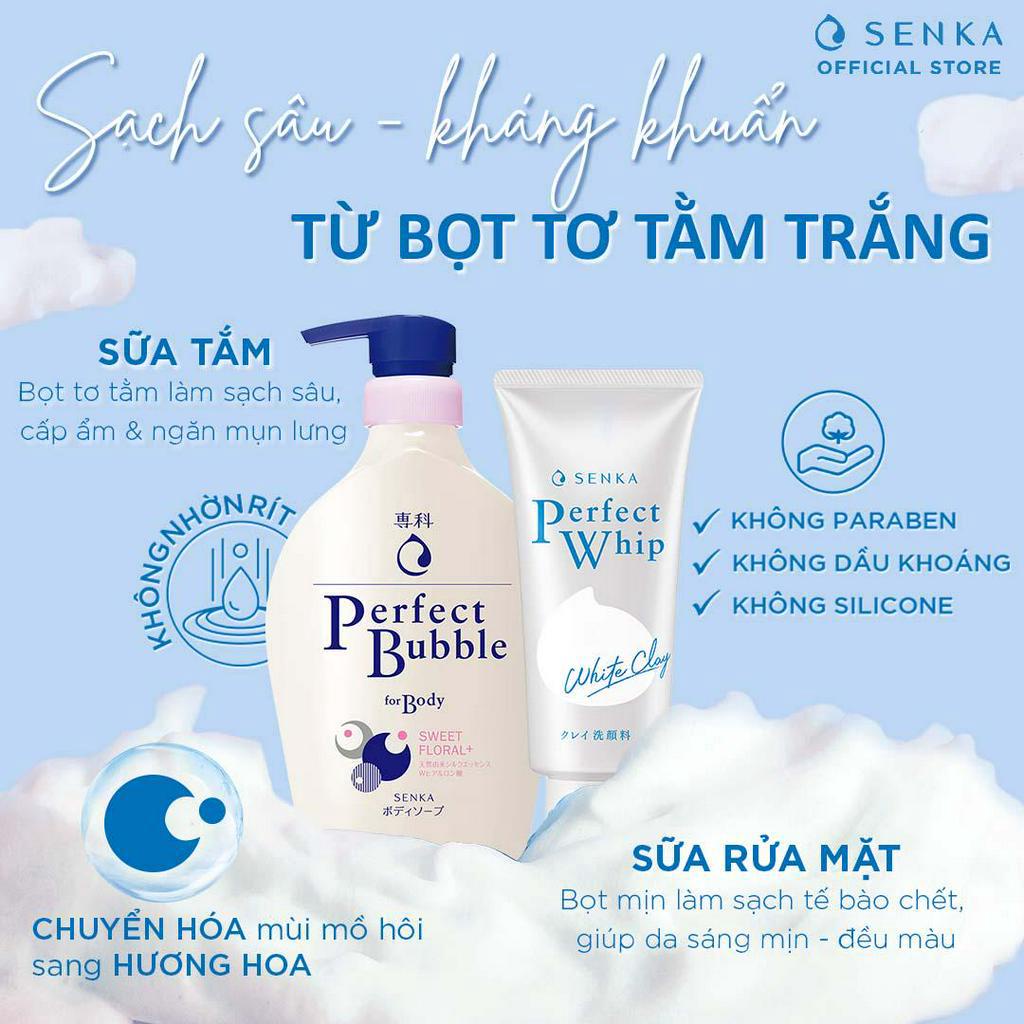 Bộ đôi Senka sữa tắm hương hoa dịu ngọt 500ml và sữa rửa mặt đất sét trắng 120g