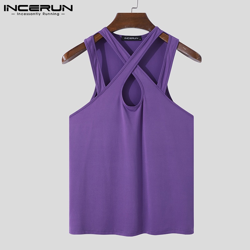 Áo tank top INCERUN không tay thiết kế chéo dây màu trơn thời trang cho nam