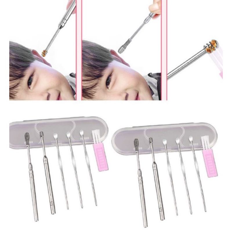bộ dụng cụ lấy ráy tai 6 món hộp nhựa, dụng cụ lấy ráy tai chuyên dụng bằng inox