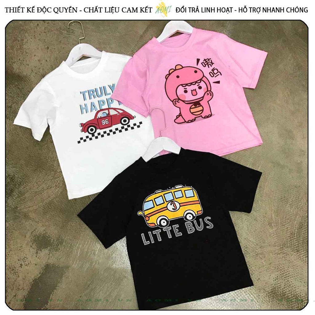 ÁO THUN UNISEX hoat hình khủng long cute PHÔNG ĐEN TAY NGẮN NAM NỮ GIA ĐÌNH CẶP ĐÔI SIZE TRẺ EM BÉ TRAI GÁI AOMIVN