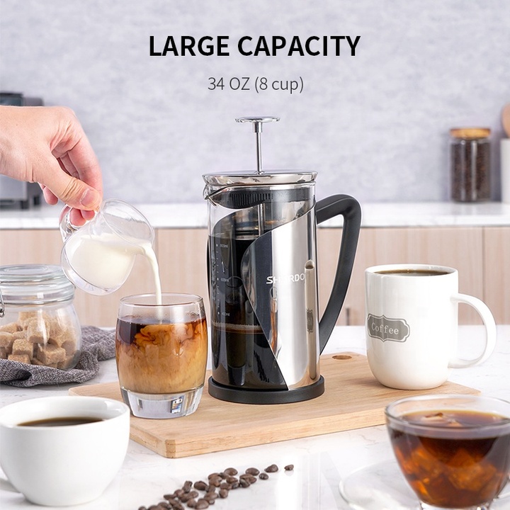 Bình pha cà phê kiểu Pháp French Press Shardor FP515S, dung tích 1000ml, bảo hành chính hãng 12 tháng