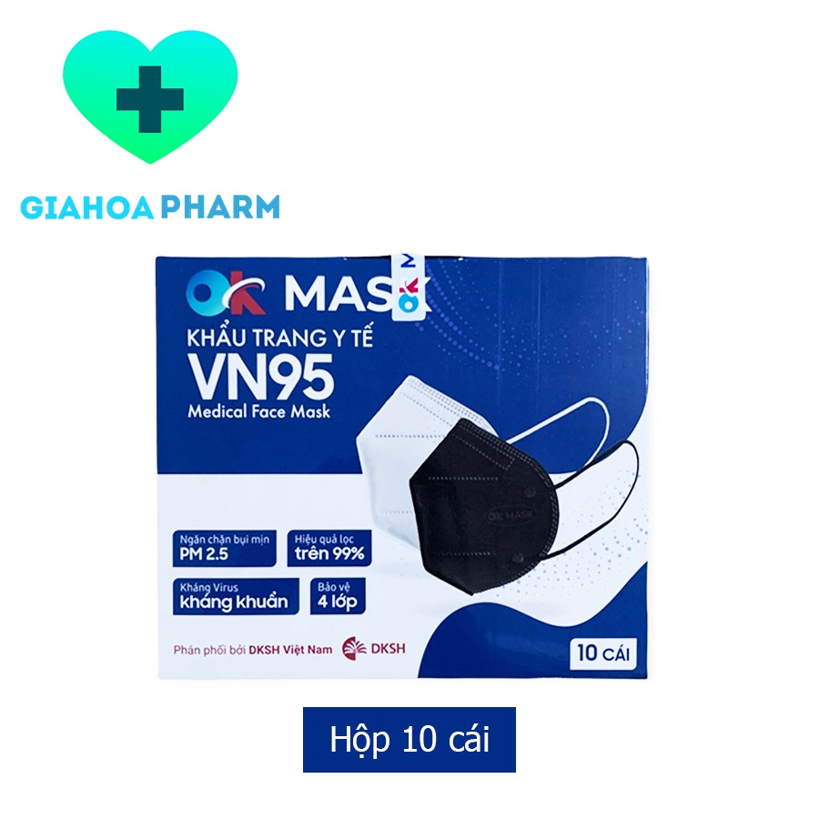 Khẩu trang y tế Ok Mask VN95 cao cấp ngăn khuẩn, bụi mịn PM 2.5 - Hộp 10 cái - Ôm sát mặt, dây đeo chắc chắn (Nam Anh)