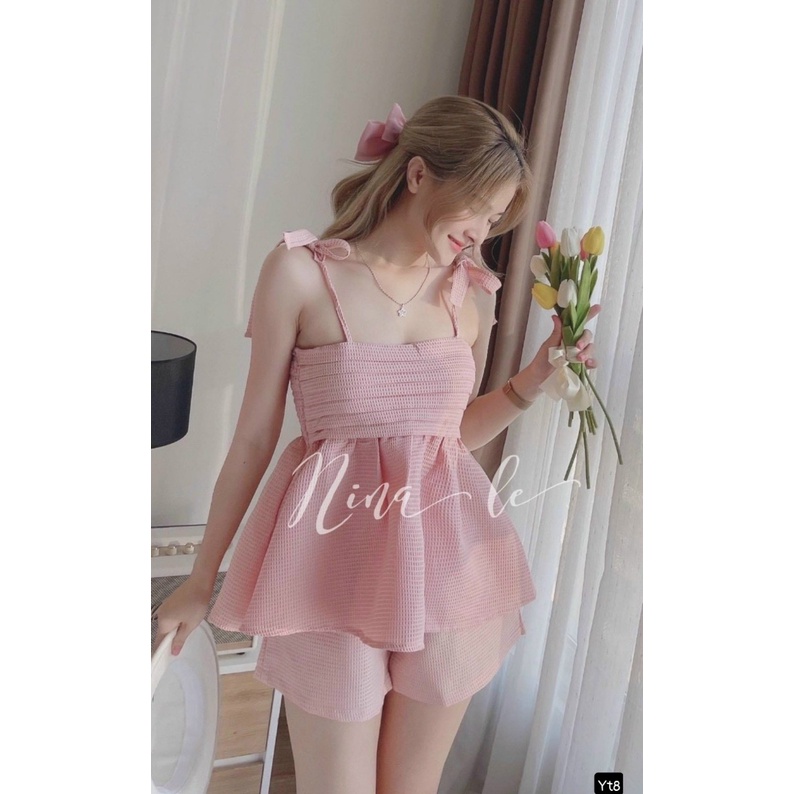 Set bộ đi chơi tiệc, set áo 2 dây hở lưng kèm quần short ngắn cá tính dáng xòe, chất vải xốp cao cấp