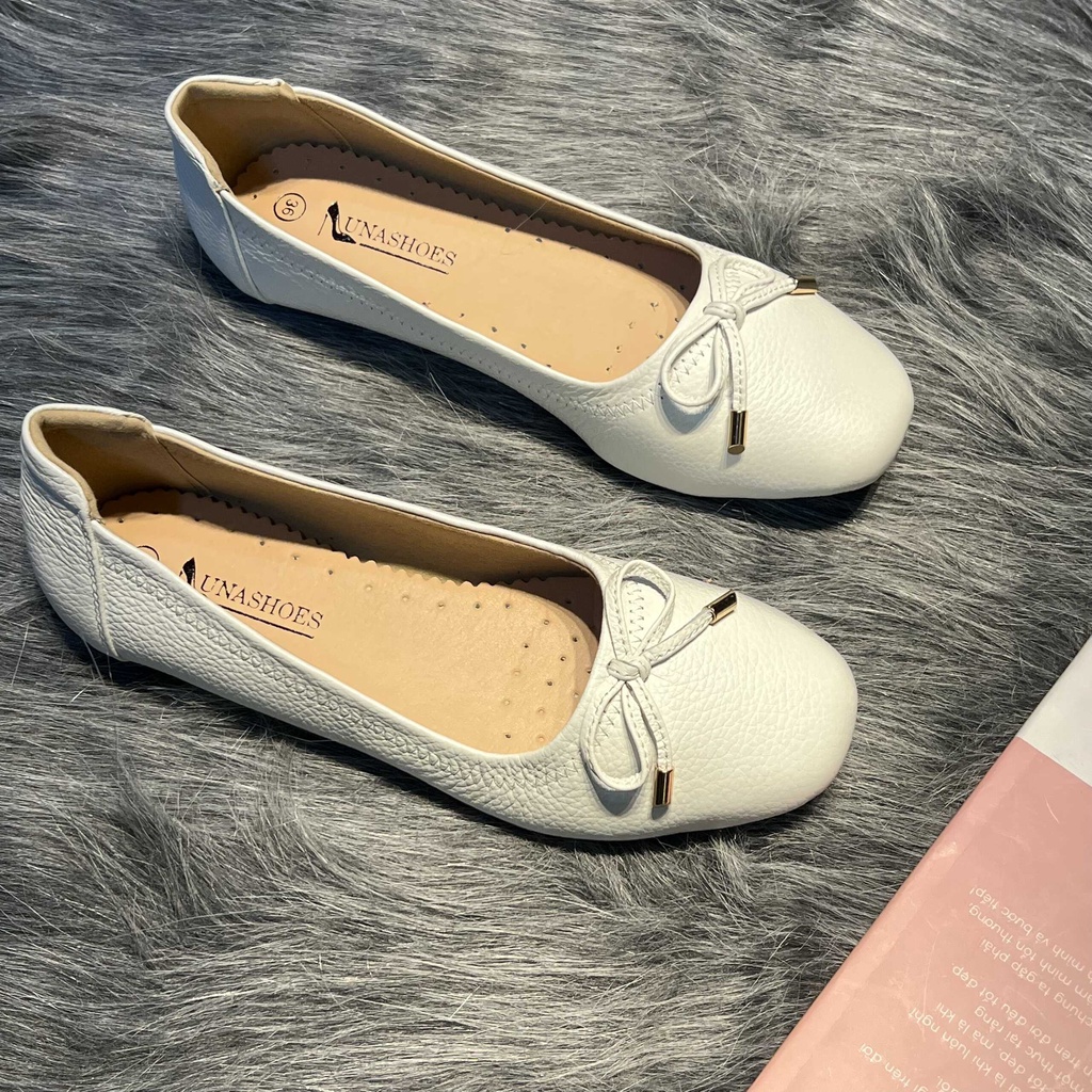 Giày đế bệt nữ mũi tròn có nơ LUNASHOES 1078 da bò mềm đế tpr chống trơn bảo hành 2 năm trung niên cho mẹ